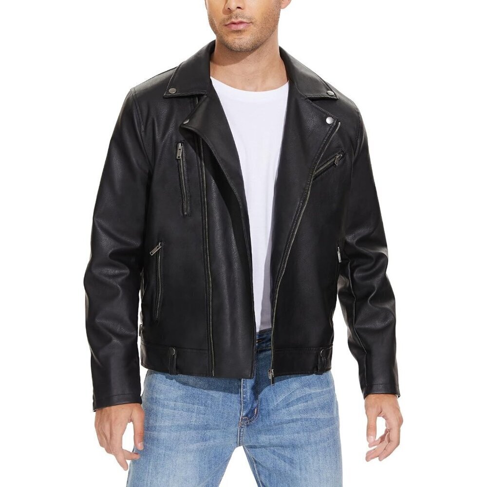 🆕Mens Black Faux Leather Biker Jacket Slim Fit Motorcycle Bomber Zip Up Coat